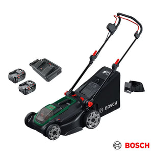 Bosch Rotak 36V (4Ah) Hand-Propelled, 43Cm Cutting Width, Cordless Battery Lawnmower with 2 X 4Ah Battery and Charger 18V2-43 P4A 36V