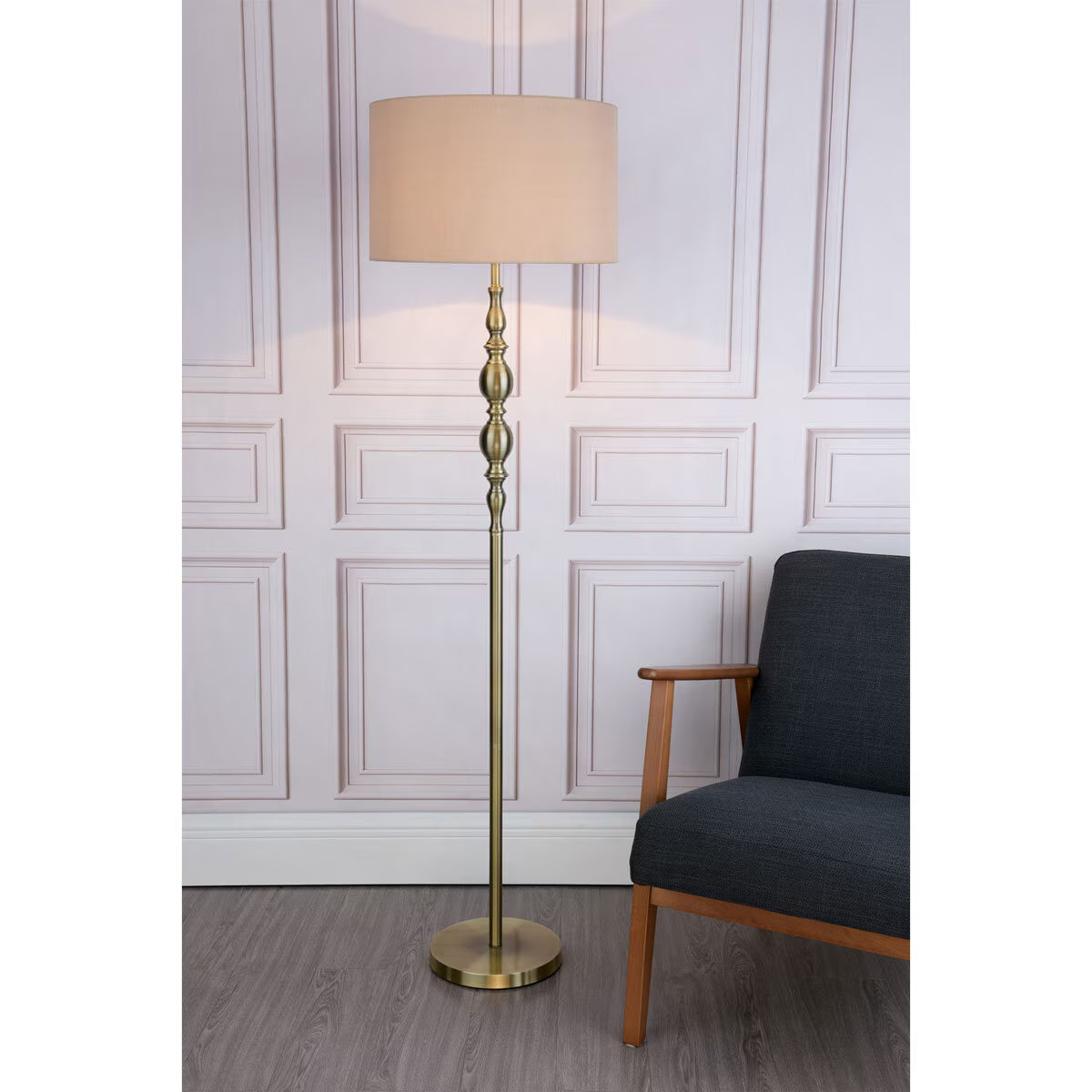 Madrid Antique Brass Floor Lamp with Faux Silk Shade image 0