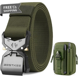 BESTKEE Men's Tactical Belt - Heavy Duty Military Style With Molle Pouch - Green image 0