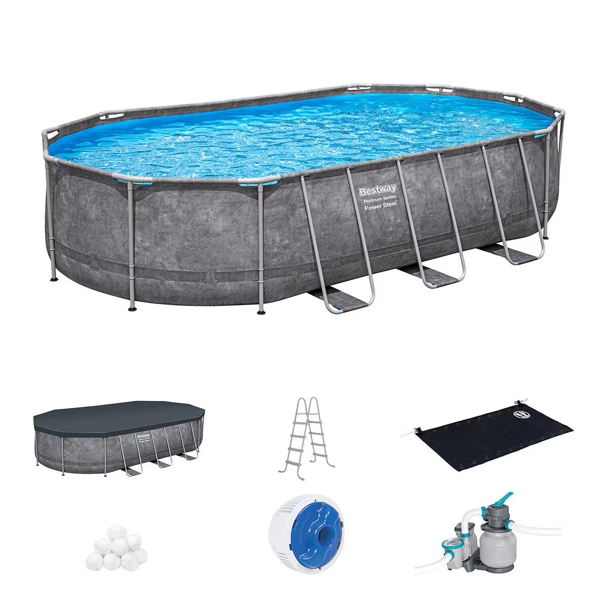 Bestway 20Ft X 12Ft Platinum Series Power Steel Oval Frame Pool with Sand Filter Pump and Solar Powered Pool Pad