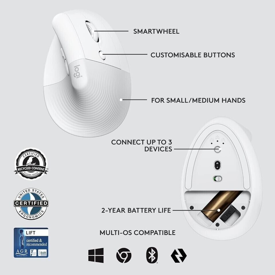 Logitech Lift for Business, Vertical Ergonomic Mouse Bluetooth Off White image 6