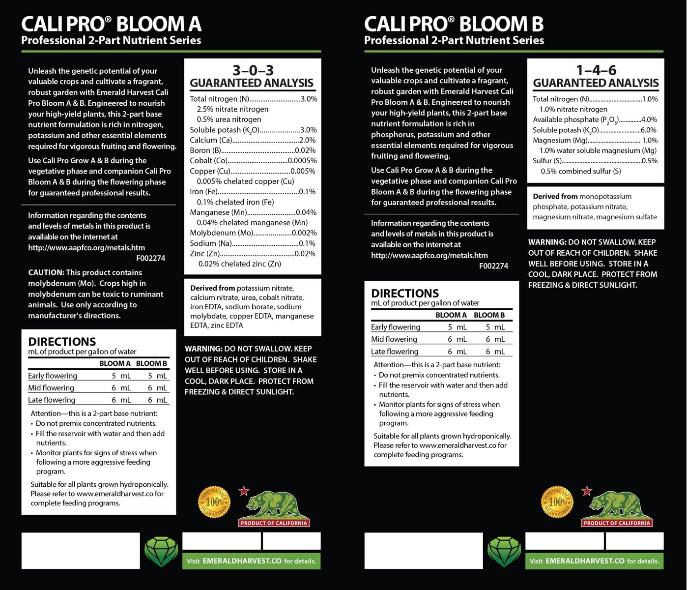 Emerald Harvest Cali Pro Bloom A+B Fertilizer Combo, 0.95 L image 2
