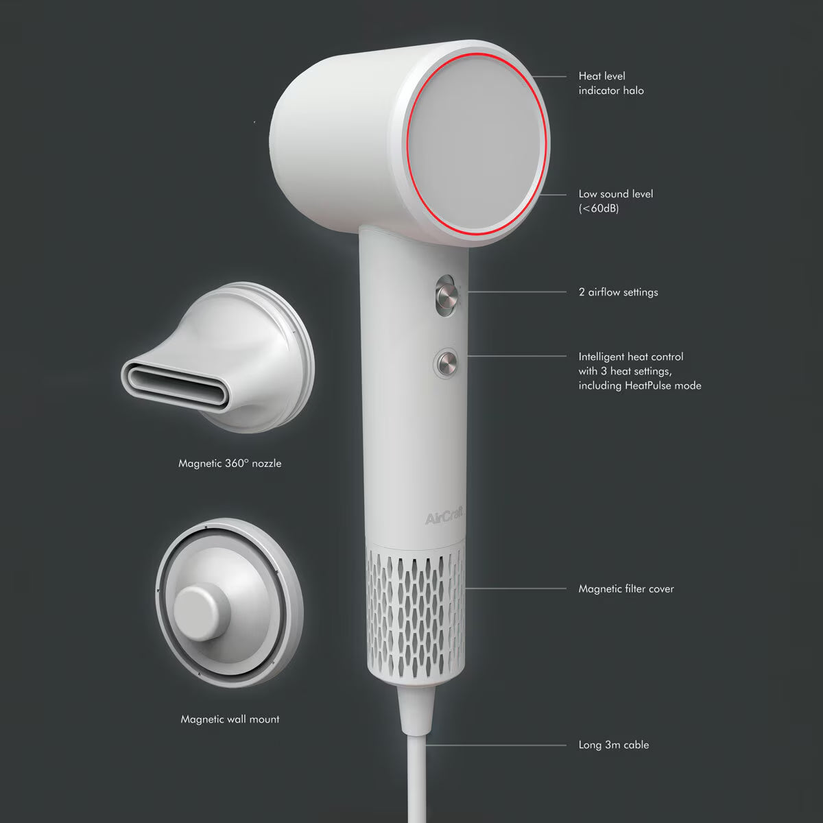 Aircraft Airmotion AIRHD1-W High Speed Ionic Hair Dryer with Heat Control in Snow White