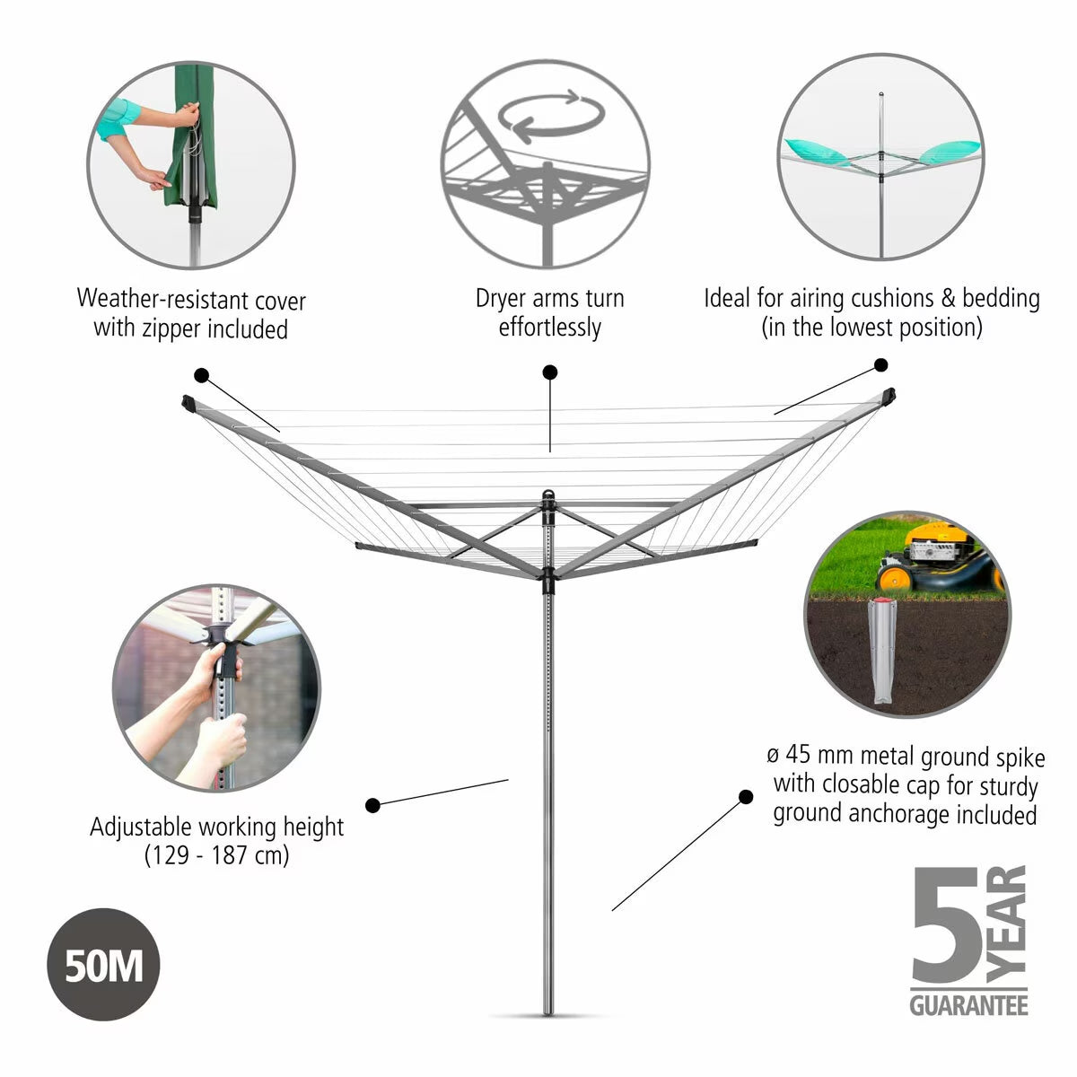 Brabantia Lift-O-Matic 50M Rotary Airer 50M with Ground Spike + Cover