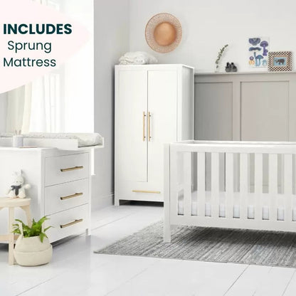 Tutti Bambini Tivoli 4-Piece Nursery Set | Cot Bed, Sprung Mattress, Chest Changer & Wardrobe | White