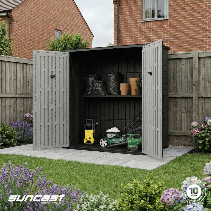 Suncast 5Ft 8" X 3Ft 6" (1.7 X 1.1M) 3,000 Litre Vertical Storage Shed with Shelves and Tool Hooks