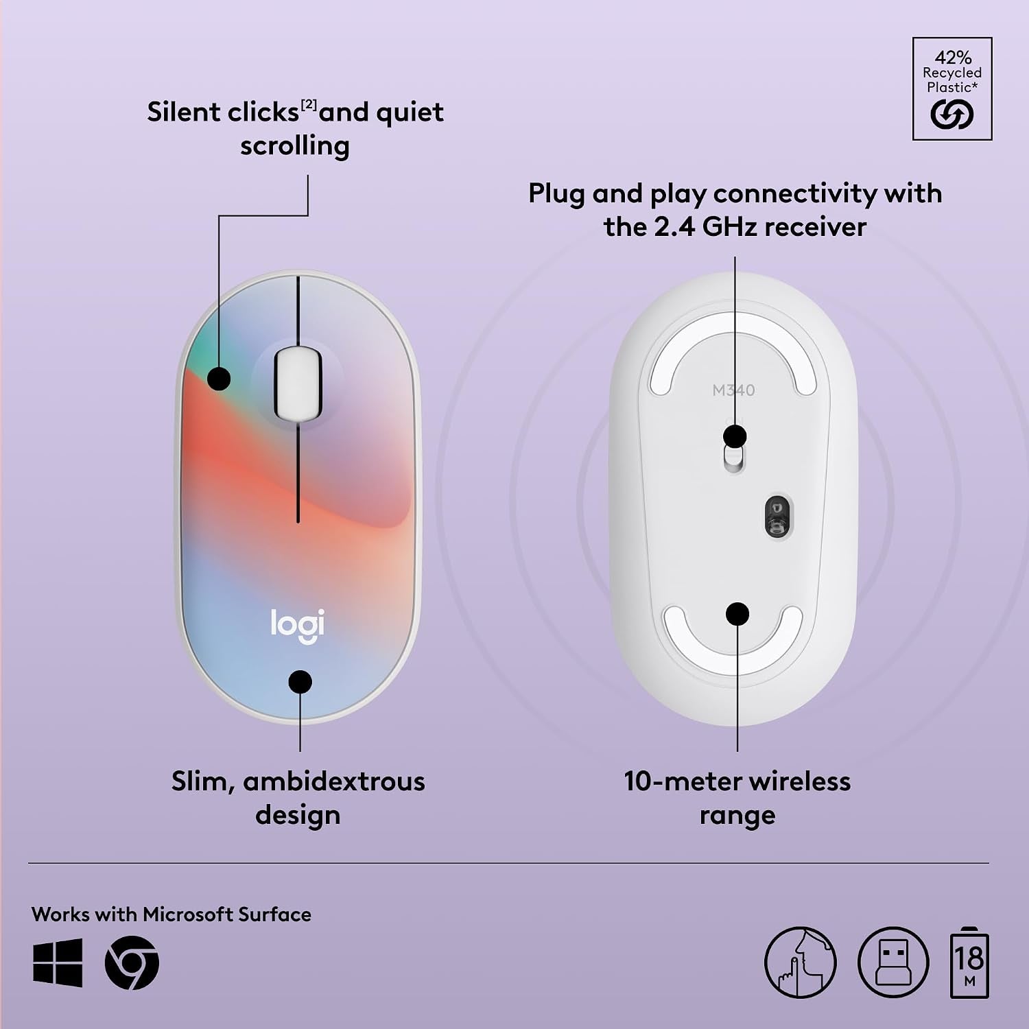 M340 Wireless Mouse with Limited Edition Prints, USB Receiver and Silent Clicks, Portable Wireless Mouse for Laptop, PC, Windows, Chrome, Surface, Sheer Dream - Optical - Wireless - 32.81 Ft