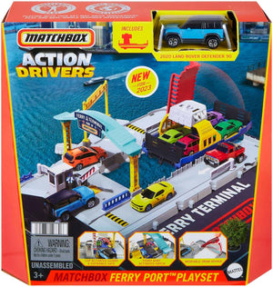 Cars Playset Ferry Port Set - Retractable Ferry on Wheels, Cars and Kids Activated Features - Includes 1 Land Rover - HMH29
