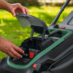 Bosch Rotak 36V (4Ah) Hand-Propelled, 43Cm Cutting Width, Cordless Battery Lawnmower with 2 X 4Ah Battery and Charger 18V2-43 P4A 36V