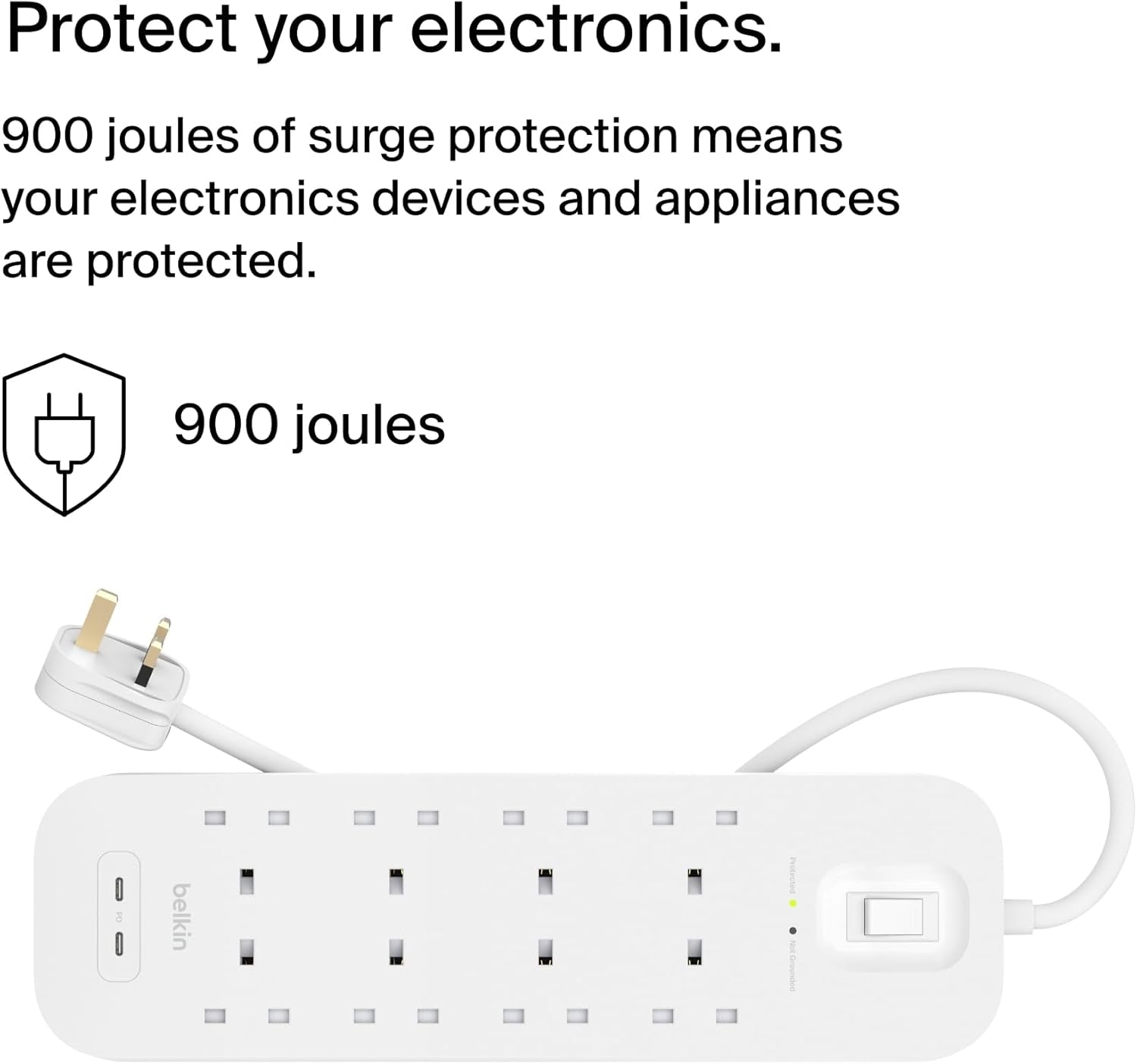 8-Outlet Surge Protector Power Strip, Wall-Mountable with 8 AC Outlets, 2M Power Cord, & Green Indicator Light - 2 USB-C Ports W/Usb-C PD Fast Charging - 900 Joules of Protection