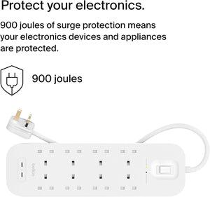 8-Outlet Surge Protector Power Strip, Wall-Mountable with 8 AC Outlets, 2M Power Cord, & Green Indicator Light - 2 USB-C Ports W/Usb-C PD Fast Charging - 900 Joules of Protection