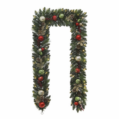 CGH 9ft Pre-Lit Christmas Garland | 90 Warm White LEDs | Twinkling & Steady Mode | Timer | 2.7m | Metallic & Red