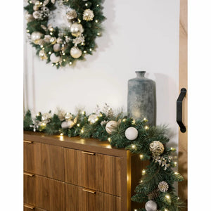 CGH 9ft Pre-Lit Christmas Garland | 90 Warm White LEDs | Twinkling & Steady Mode | Timer | 2.7m | Metallic & Red