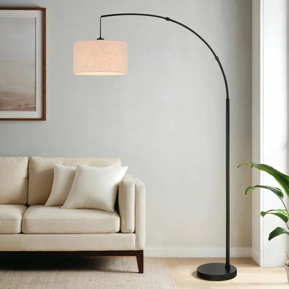 Bridgeport Designs Madrid Arc Floor Lamp | Tan Linen Shade | Steel Base | Foot Switch | Black | H182.9cm