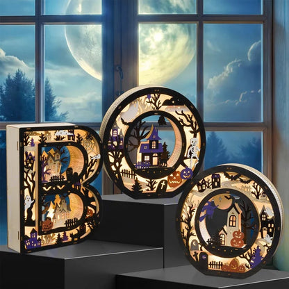 Light-Up Wooden BOO Letters | Set of 3 | LED Illuminated | Laser-Cut | Halloween Decoration | 30cm