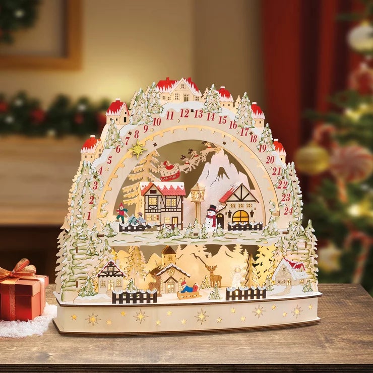 Wooden LED Advent Calendar | Alpine Winter Scene | Sliding Countdown Star | Warm LED Lights | Batteries Included