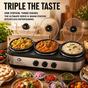 Gourmet Triple Slow Cooker | 7.1L Warming Station, Silver