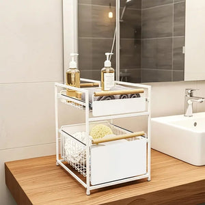 Mesa 2-Tier Organiser with Drawers | Wood Accent Handles | Under-Sink & Pantry Storage