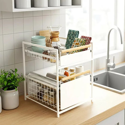 Mesa 2-Tier Organiser with Drawers | Wood Accent Handles | Under-Sink & Pantry Storage