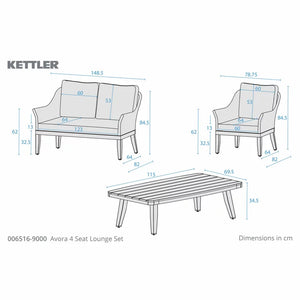 Kettler Avora 4-Seat Outdoor Lounge Set | 2 Armchairs + Sofa + Coffee Table | RainSafe Cushions | Cream