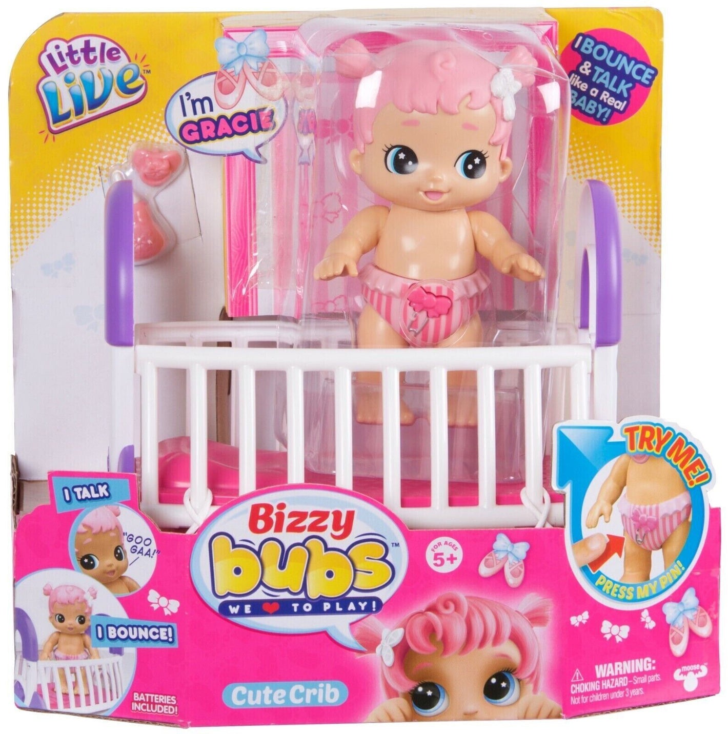 Little Live Bizzy Bubs Babies, Bouncing Baby Girl Doll Gracie with Crib image 0