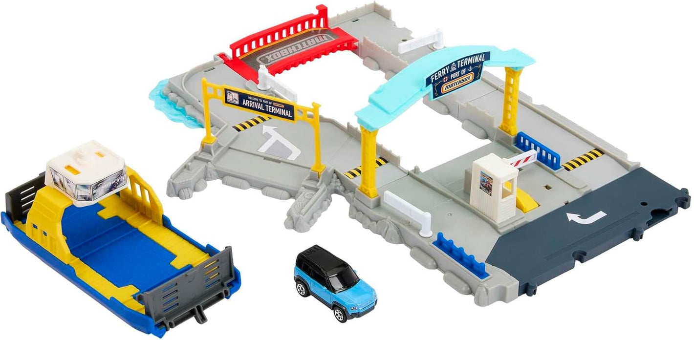 Cars Playset Ferry Port Set - Retractable Ferry on Wheels, Cars and Kids Activated Features - Includes 1 Land Rover - HMH29