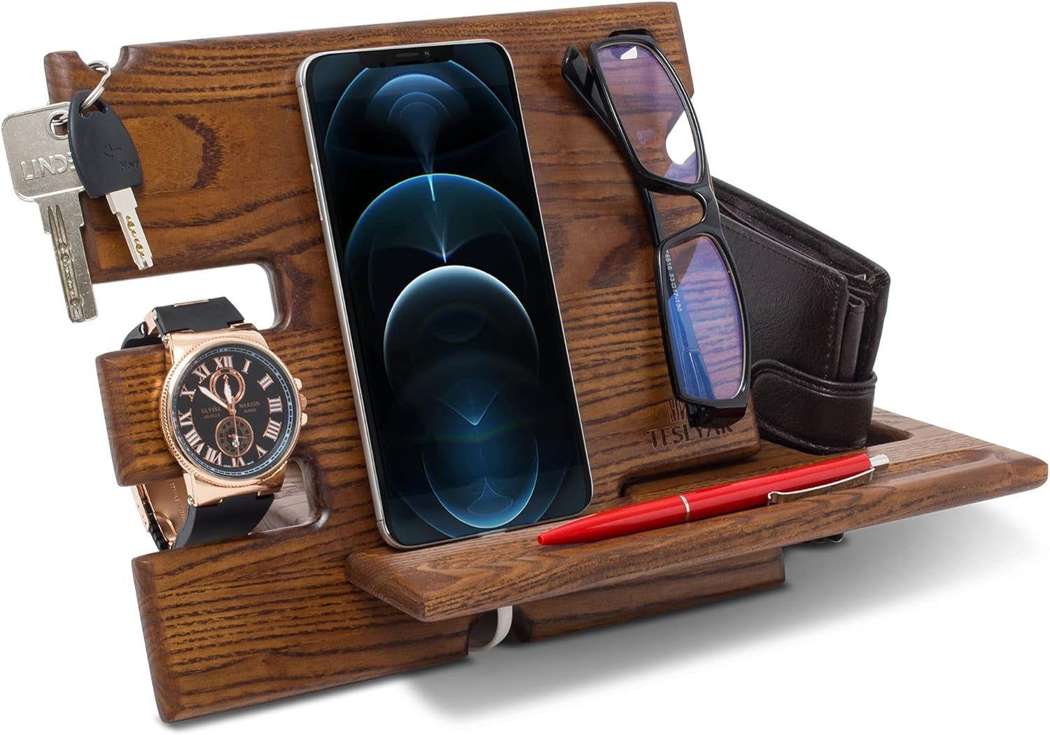 Gifts for Men Wood Phone Docking Station Fathers Gifts Key Holder Wallet Stand Watch Organizer Xmas Gift Anniversary Dad Birthday Nightstand Father Gift for Him (Beige)