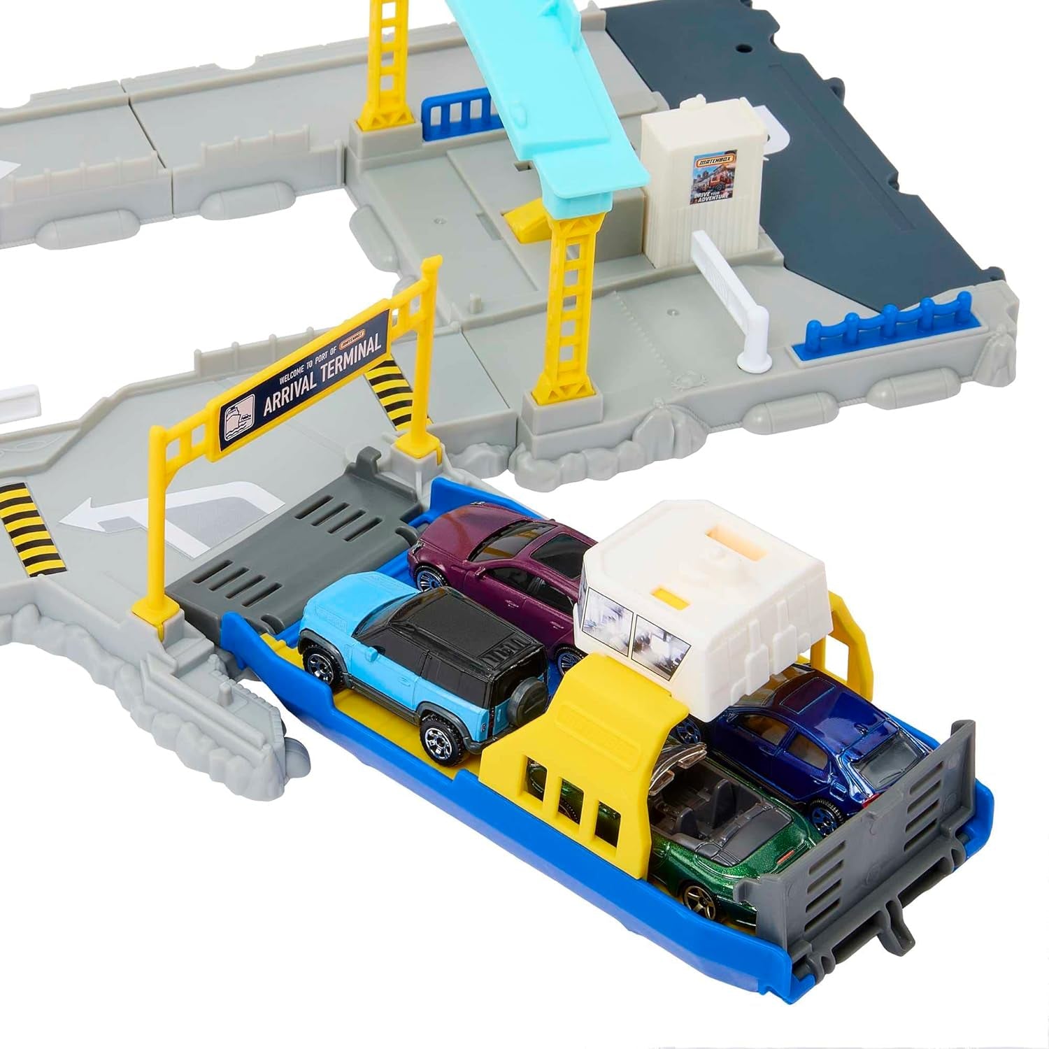 Cars Playset Ferry Port Set - Retractable Ferry on Wheels, Cars and Kids Activated Features - Includes 1 Land Rover - HMH29
