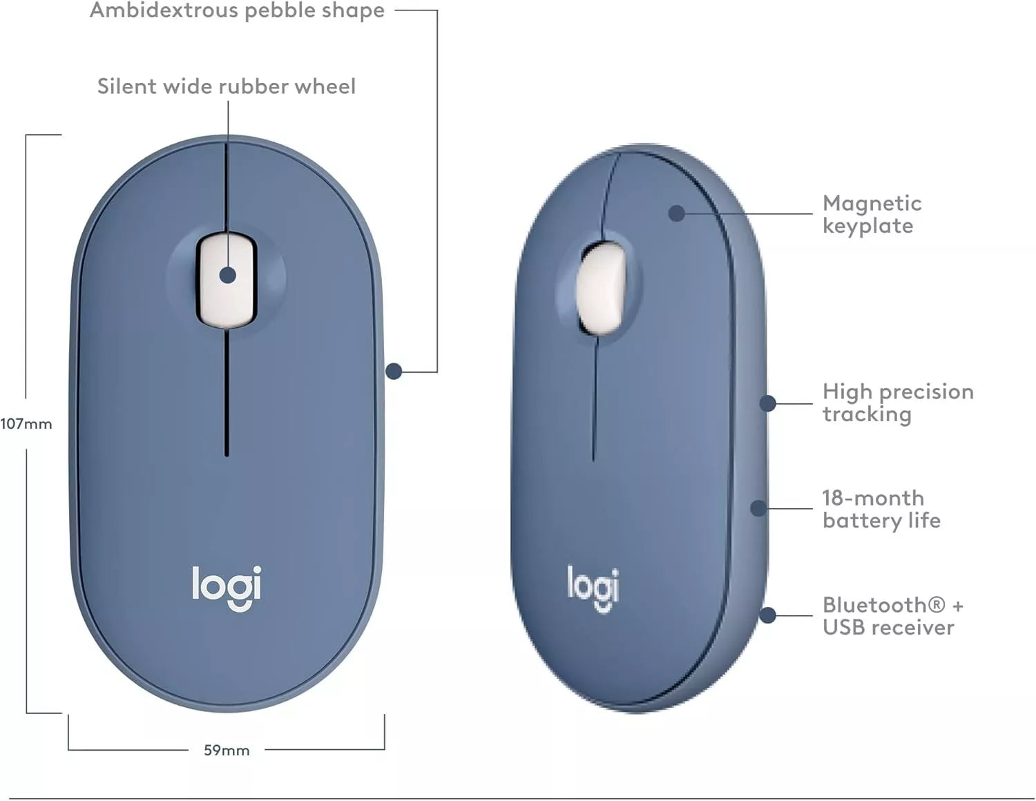 Logitech Pebble Wireless Mouse, Bluetooth, Blueberry image 1