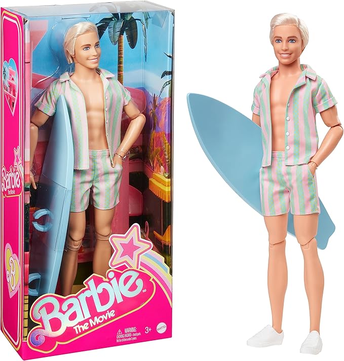 Barbie The Movie Ken Doll Wearing Pastel Pink and Green Striped Beach Matching image 0