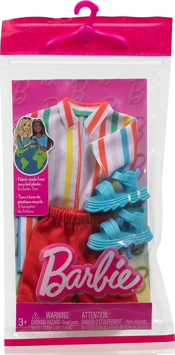 Coffret mode Barbie pour Ken comprenant chemise rayée, short rouge et sandales
