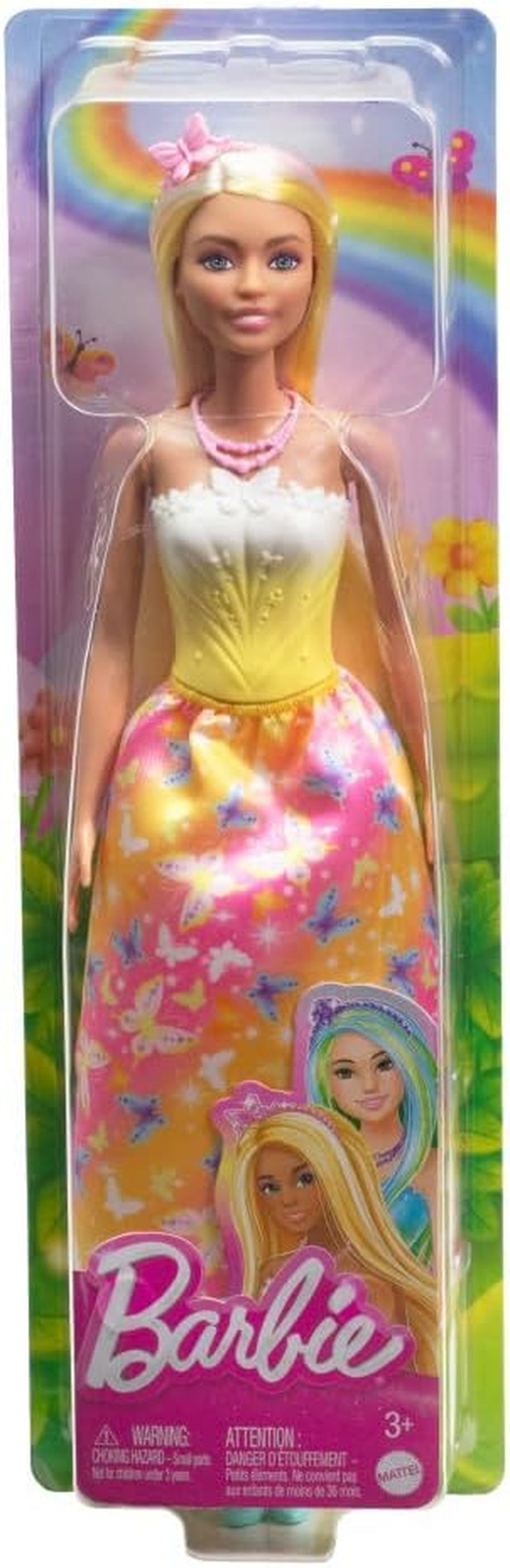 Barbie Royal Doll with Brightly Highlighted Fantasy Hair, Colorful Accessories, Yellow Ombre Bodice and Butterfly-Print Skirt, HRR09