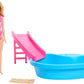 Coffret Barbie Poupée et Piscine, comprenant piscine, toboggan, serviette et accessoires pour boissons