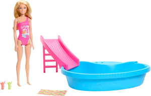 Coffret Barbie Poupée et Piscine, comprenant piscine, toboggan, serviette et accessoires pour boissons