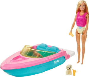 Coffret Barbie Poupée et Bateau Jouet avec Chiot et Accessoires