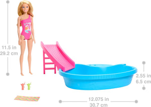Coffret Barbie Poupée et Piscine, comprenant piscine, toboggan, serviette et accessoires pour boissons
