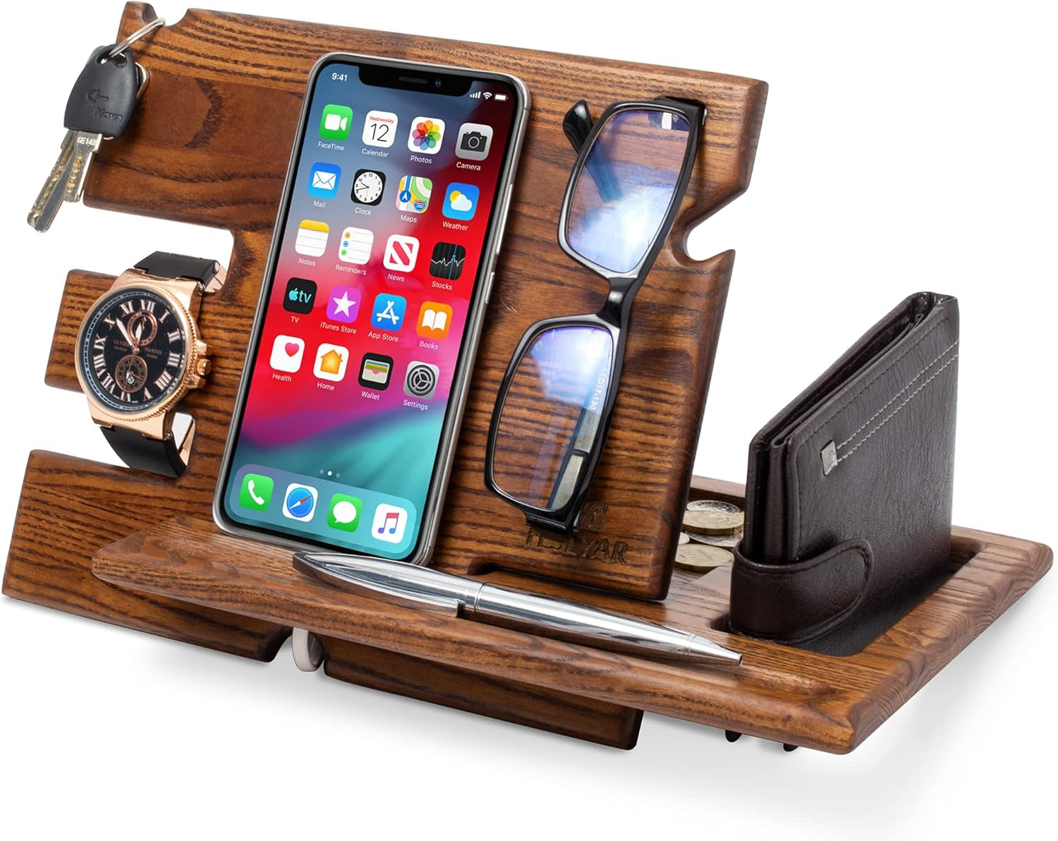 Gifts for Men Wood Phone Docking Station Fathers Gifts Key Holder Wallet Stand Watch Organizer Xmas Gift Anniversary Dad Birthday Nightstand Father Gift for Him (Beige)