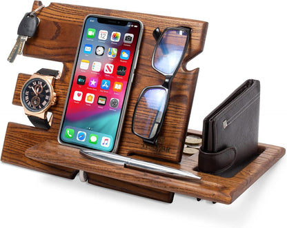 Gifts for Men Wood Phone Docking Station Fathers Gifts Key Holder Wallet Stand Watch Organizer Xmas Gift Anniversary Dad Birthday Nightstand Father Gift for Him (Beige)