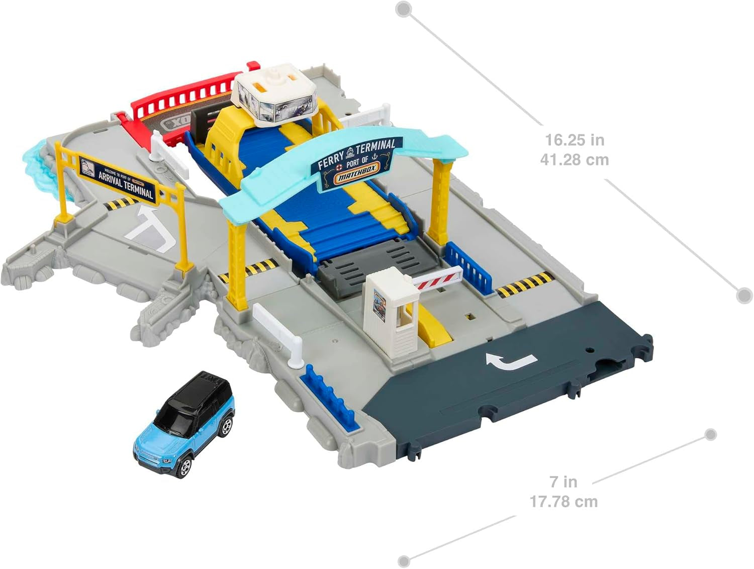 Cars Playset Ferry Port Set - Retractable Ferry on Wheels, Cars and Kids Activated Features - Includes 1 Land Rover - HMH29