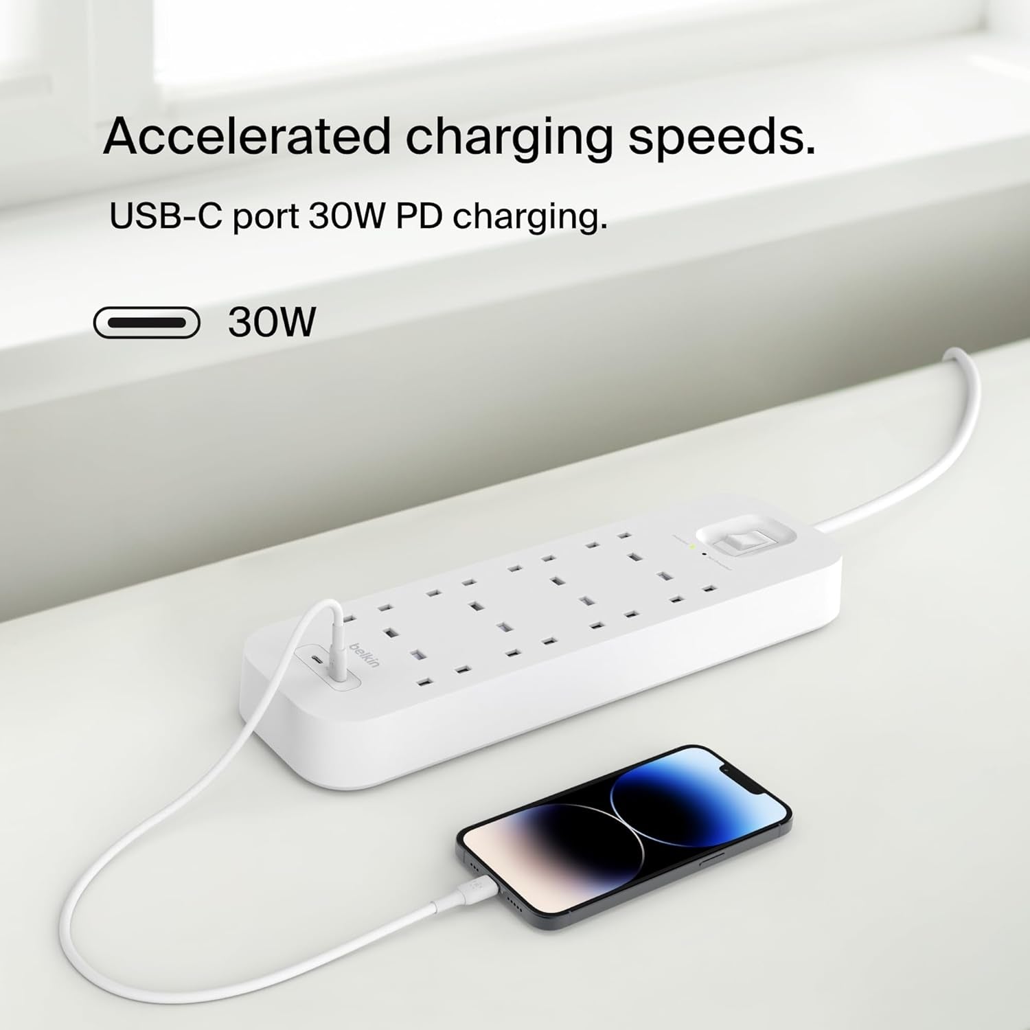 8-Outlet Surge Protector Power Strip, Wall-Mountable with 8 AC Outlets, 2M Power Cord, & Green Indicator Light - 2 USB-C Ports W/Usb-C PD Fast Charging - 900 Joules of Protection
