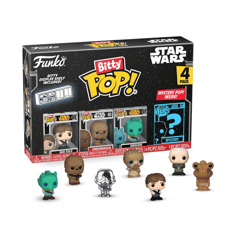 Coffret Funko Bitty POP! Star Wars de 4 figurines : Han Solo, Chewbacca, Greedo et une figurine mystère.