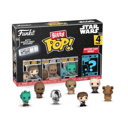 Coffret Funko Bitty POP! Star Wars de 4 figurines : Han Solo, Chewbacca, Greedo et une figurine mystère.