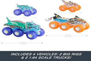 Hot Wheels Monster Trucks Power Smashers 4-Pack | Tiger Shark & Mega-Wrex + Big Rigs | 1:64 Scale | Ages 3+