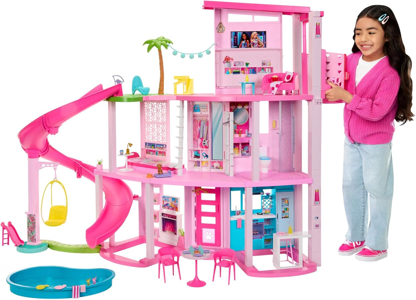 Maison de rêve Barbie, maison de 3 étages avec 10 aires de jeux, dont piscine et toboggan.