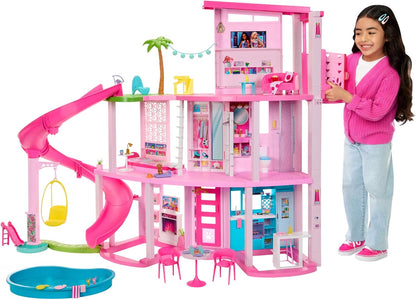 Maison de rêve Barbie, maison de 3 étages avec 10 aires de jeux, dont piscine et toboggan.