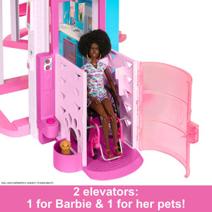 Maison de rêve Barbie, maison de 3 étages avec 10 aires de jeux, dont piscine et toboggan.