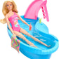 Coffret Barbie Poupée et Piscine, comprenant piscine, toboggan, serviette et accessoires pour boissons