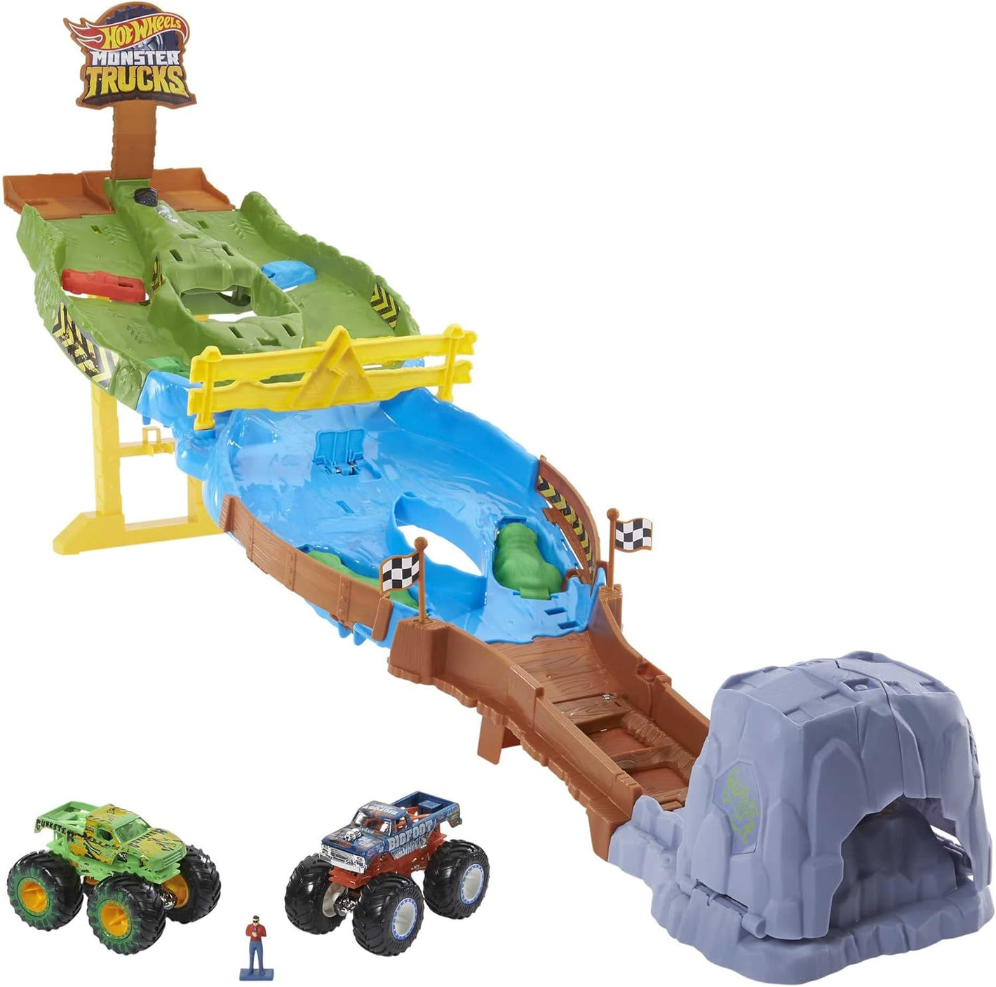 Circuit de course Hot Wheels Monster Trucks Wreckin' Raceway avec 2 camions miniatures Bigfoot et Gunkster