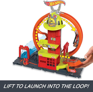 Hot Wheels City Super Loop Fire Station Playset | 3-Level Lift | Waterfall Slide | Includes Fire Truck | Ages 4+