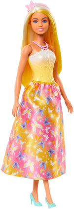 Barbie Royal Doll with Brightly Highlighted Fantasy Hair, Colorful Accessories, Yellow Ombre Bodice and Butterfly-Print Skirt, HRR09